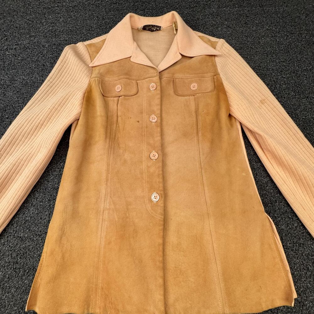 Vtg Susan Thomas Coat Womens Size Med Brown Leather Knit Collared Pockets